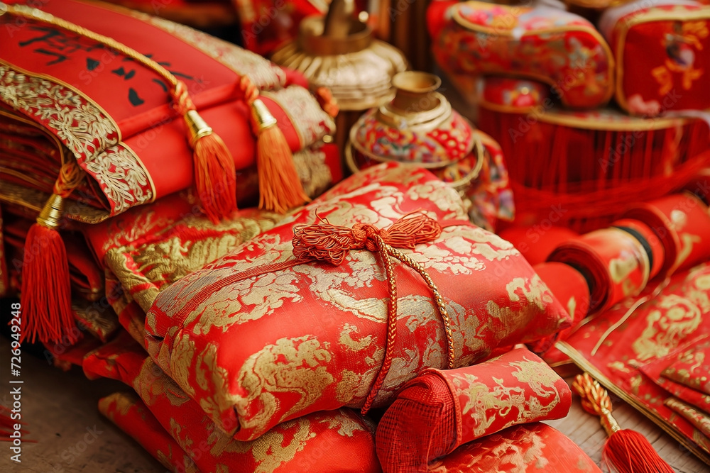 Traditional Chinese new year decorations on red background that says good luck and happiness