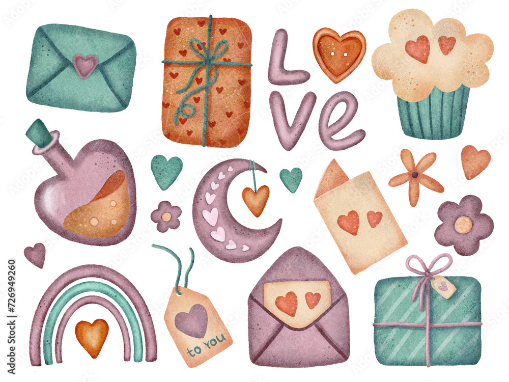 Fototapeta premium Valentines Day stickers collection. Decor for Valentine cards, letters, and package design