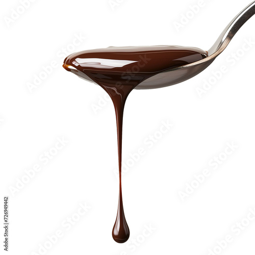Dripping smooth chocolate in a spoon on a white background.