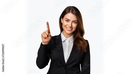 Smiling business woman pointing up and looking at camera © Yuwarin