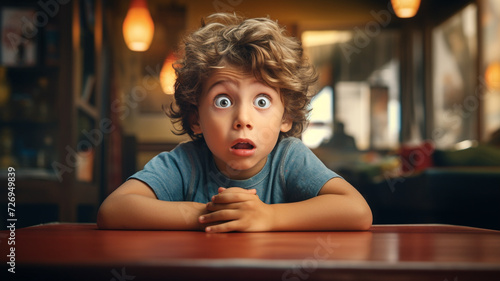 surprised kid sitting at table