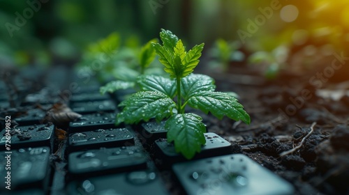 Cannabis seedlings growing on a computer keyboard. Macro shot. - Generative AI photo