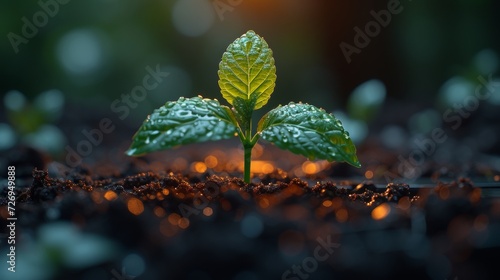 Young green plant seedling growing in soil on blurred nature background, Ecology concept - Generative AI