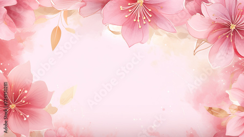 Fototapeta Naklejka Na Ścianę i Meble -  Watercolor pink flower background with golden frame