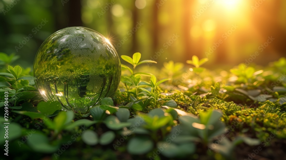 Eco environment concept. Green glass globe in the grass with sunlight. - Generative AI Eco environment concept. Green glass globe in the grass with sunlight. - Generative AI