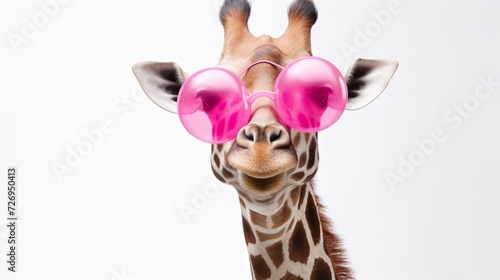 Close-up of a stylish trendy giraffe wearing pink sunglasses on a white background with copy space.