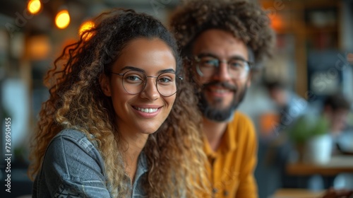 Portrait of smiling young businesswoman in eyeglasses looking at camera in coffee shop - Generative AI