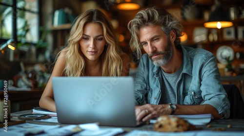 Couple using laptop in cafe. Man and woman sitting at table with laptop. - Generative AI