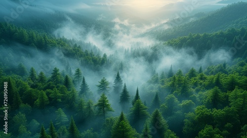 Foggy morning in the coniferous forest. 3d rendering - Generative AI © AlexandraRooss