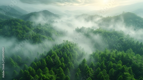 Foggy morning in the coniferous forest. 3D rendering - Generative AI © AlexandraRooss