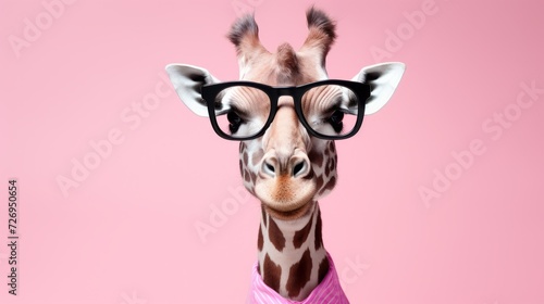 Close-up of a stylish fashionable giraffe wearing glasses on a light pink background with a copy space.