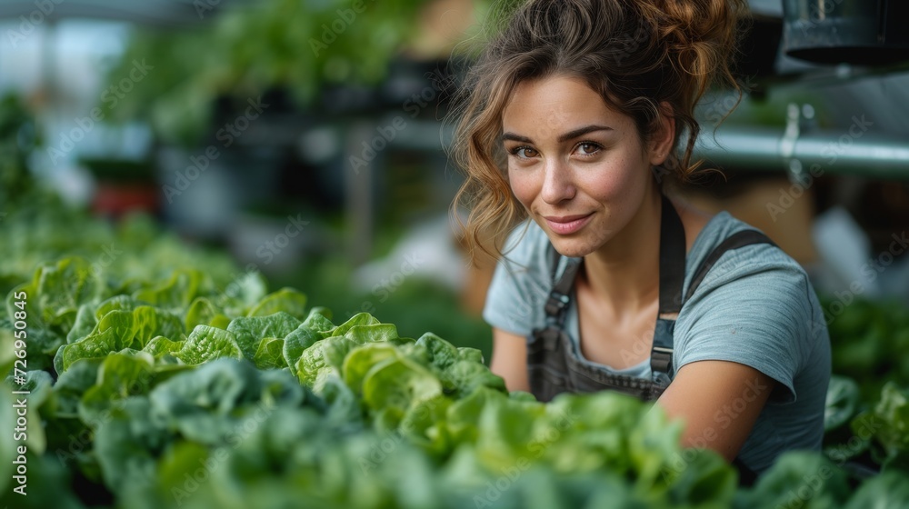 Portrait of a young woman working on a hydroponic farm - Generative AI Portrait of a young woman working on a hydroponic farm - Generative AI