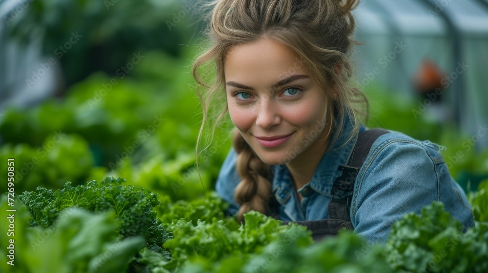 Young woman working in hydroponic vegetable farm. Selective focus. - Generative AI Young woman working in hydroponic vegetable farm. Selective focus. - Generative AI