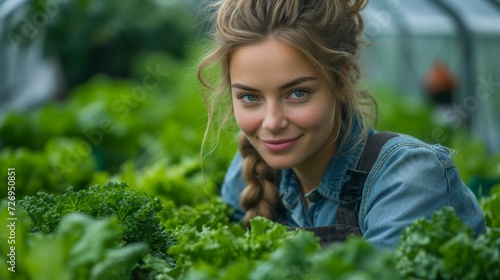 Young woman working in hydroponic vegetable farm. Selective focus. - Generative AI