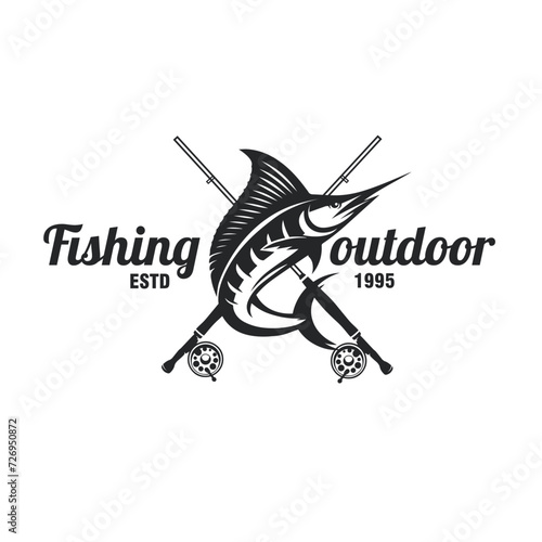 marlin fishing with crossed fishing rods vintage logo vector illustration