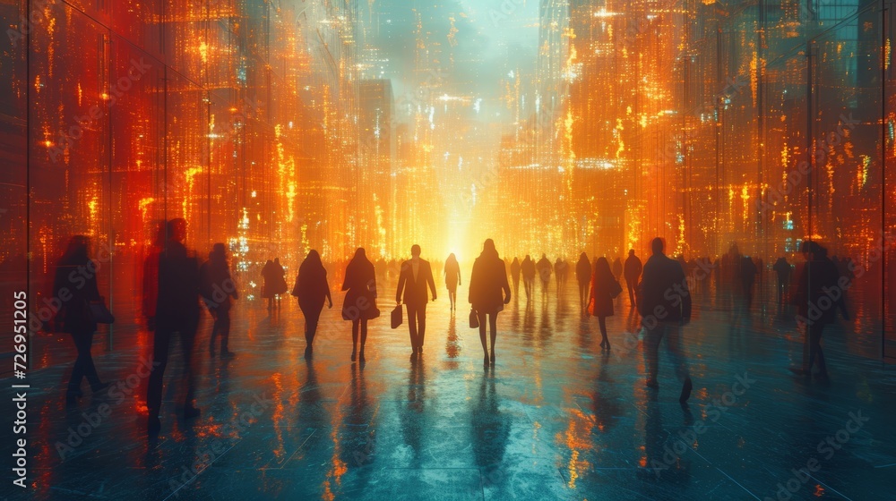 Obraz premium Futuristic city with silhouettes of people walking. 3D rendering - Generative AI