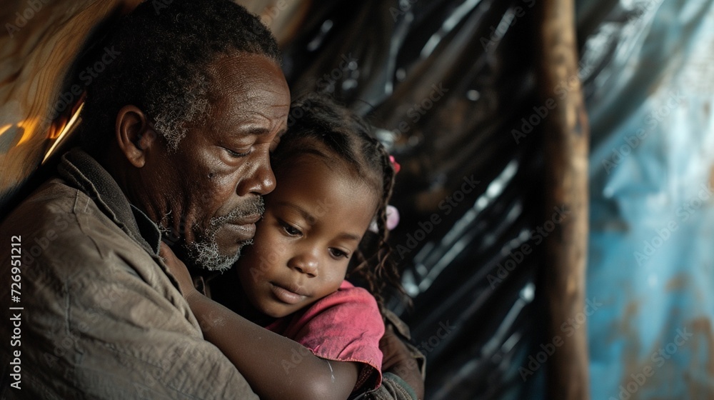 A father and daughter huddled together in a makeshift shelter, emphasizing the housing insecurity and homelessness experienced by families in disadvantaged communities.