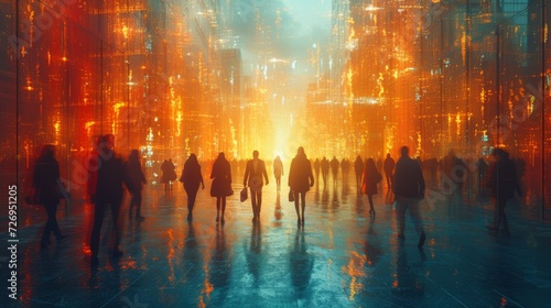Futuristic city with silhouettes of people walking. 3D rendering - Generative AI