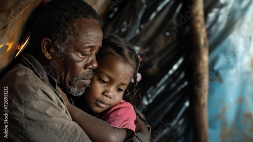 A father and daughter huddled together in a makeshift shelter, emphasizing the housing insecurity and homelessness experienced by families in disadvantaged communities. © AQ Arts