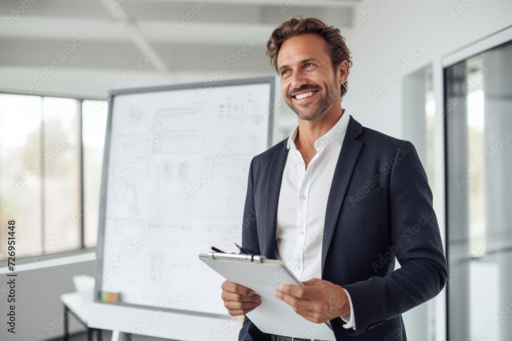 Confident businessman with clipboard in modern office Confident businessman with clipboard in modern office