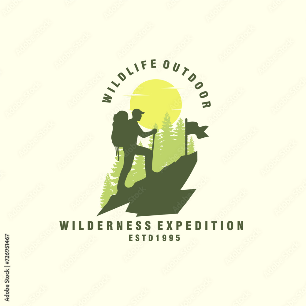 Climber logo emblem outdoor adventure expedition vector illustration mountaineer man silhouette