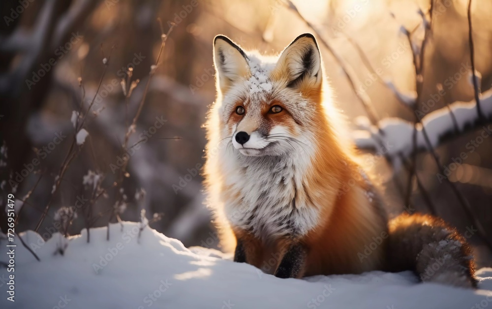 realistic photo A fox with raised ears lies in the winter forest. generative ai realistic photo A fox with raised ears lies in the winter forest. generative ai