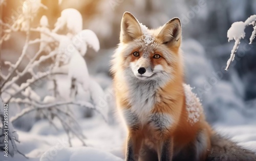realistic photo A fox with raised ears lies in the winter forest. generative ai © KBL Sungkid