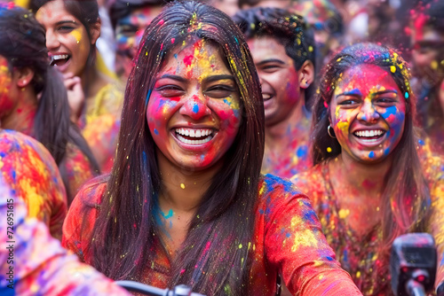 Joyful people celebrating Holi festival with colorful powder on faces, expressing happiness and festivity.