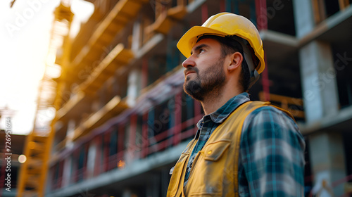 A construction worker or foreman at a construction, Successful construction site worker thinking, Contractor Wearing a Hard Hat and Safety Vest Standing on a Commercial Building, Generative Ai 