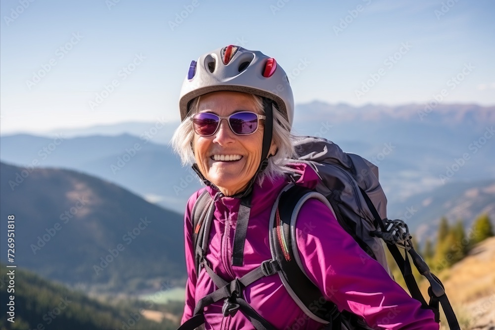 Senior woman hiker with backpack and mountain panoramic view.