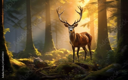 realistic photo A beautiful deer grazes in the forest on a sunny day. generative ai