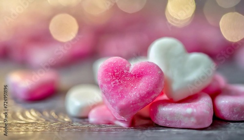 Pink and white and pink heart shaped candies, blurred background. Tasty sweets. Valentine's Day