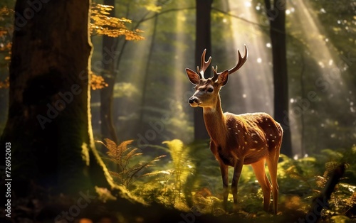 realistic photo A beautiful deer grazes in the forest on a sunny day. generative ai