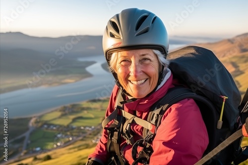 Happy senior woman with mountain bike in the mountains at sunset, looking at camera