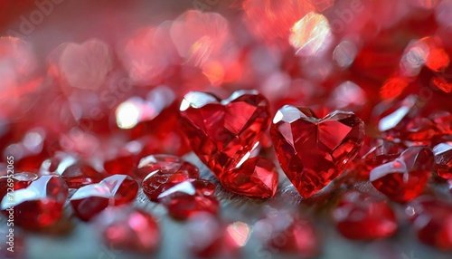 Blurred small crystal red hearts as a background. Valentine's Day