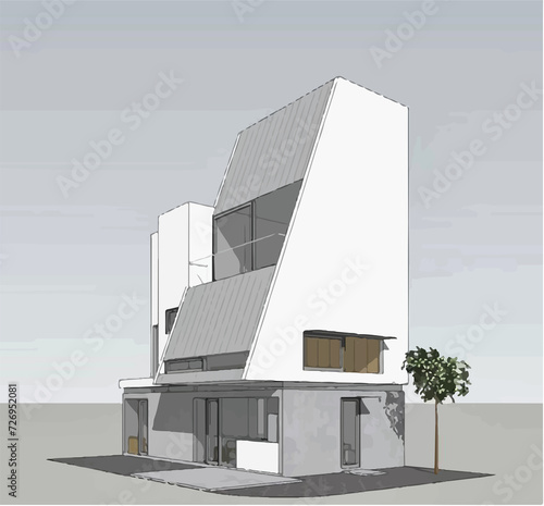 Architecture of modern house. architecture drawing Building exterior of contemporary villa. Private real estate. Colored flat graphic isometric building on background 