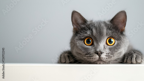 Beautiful funny grey British cat peeking out from behind a white table with copy space, Generative AI