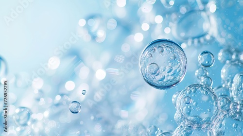  Sodium Hyaluronate and Essential Oil Bubble on Light Blue Background, Generative AI