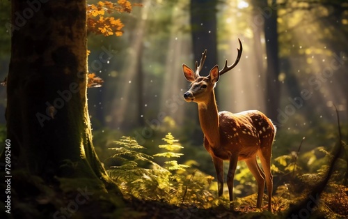 realistic photo A beautiful deer grazes in the forest on a sunny day. generative ai © KBL Sungkid