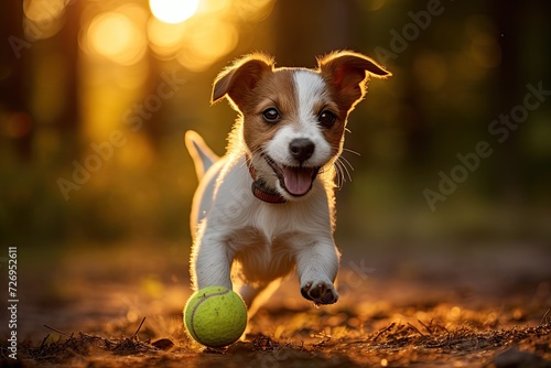 A little Jack Russell Terrier catches up with a tennis ball on a path in the park.