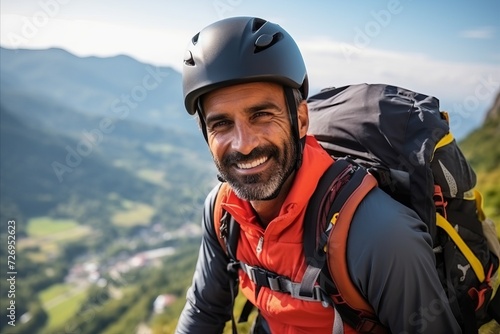 Portrait of a happy male mountain climber standing on top of a mountain © Nerea