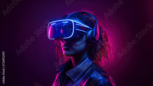 African american woman wearing virtual reality goggles on dark background with neon light