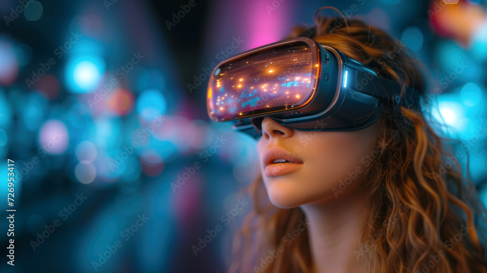 Young woman using virtual reality headset with night city lights in the background Young woman using virtual reality headset with night city lights in the background