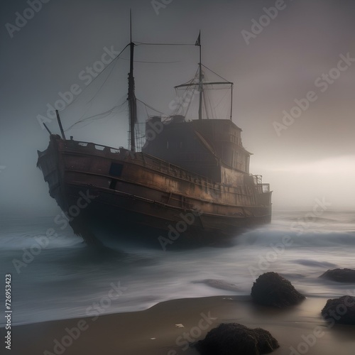 Haunted shipwreck on a foggy coastline with ghostly apparitions4