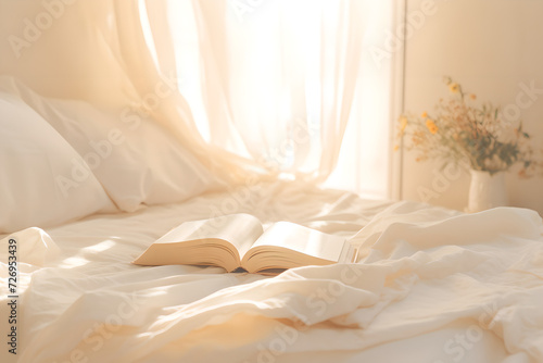  Open Book on White Bed , Sunlit Serenity , white linen, the gentle morning light filtering through the curtains 