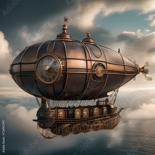 Whimsical steampunk airship floating in a cloudy sky with gears and cogs3