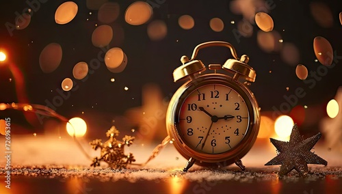 Vintage clock on table set festive. Christmas backdrop with warm orange tones and blurred lights holiday celebrations and countdown to new year timepiece marking minutes and seconds to midnight
