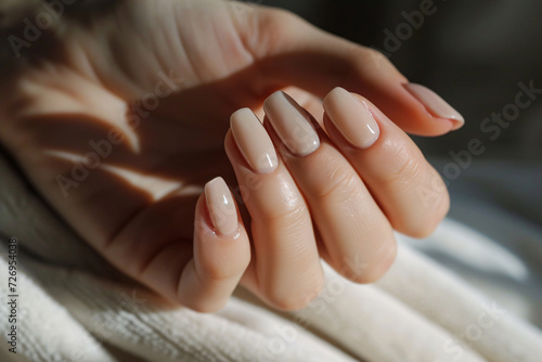 Glamour woman hand with nude nail polish on her fingernails. Nude shade nail manicure with gel polish at luxury beauty salon. Nail art and design. Female hand model. French manicure. photo
