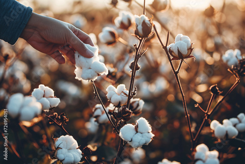 Farmer hand picking white boll of cotton. Cotton farm. Field of cotton plants. Sustainable and eco-friendly practice on a cotton farm. Organic farming. Raw material for textile industry. photo