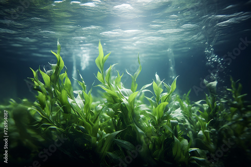 Blue carbon sinks. Natural carbon sinks capture emissions. Underwater plant role in carbon sequestration. Kelp forest and seagrass meadow. Underwater forest carbon dioxide capture.